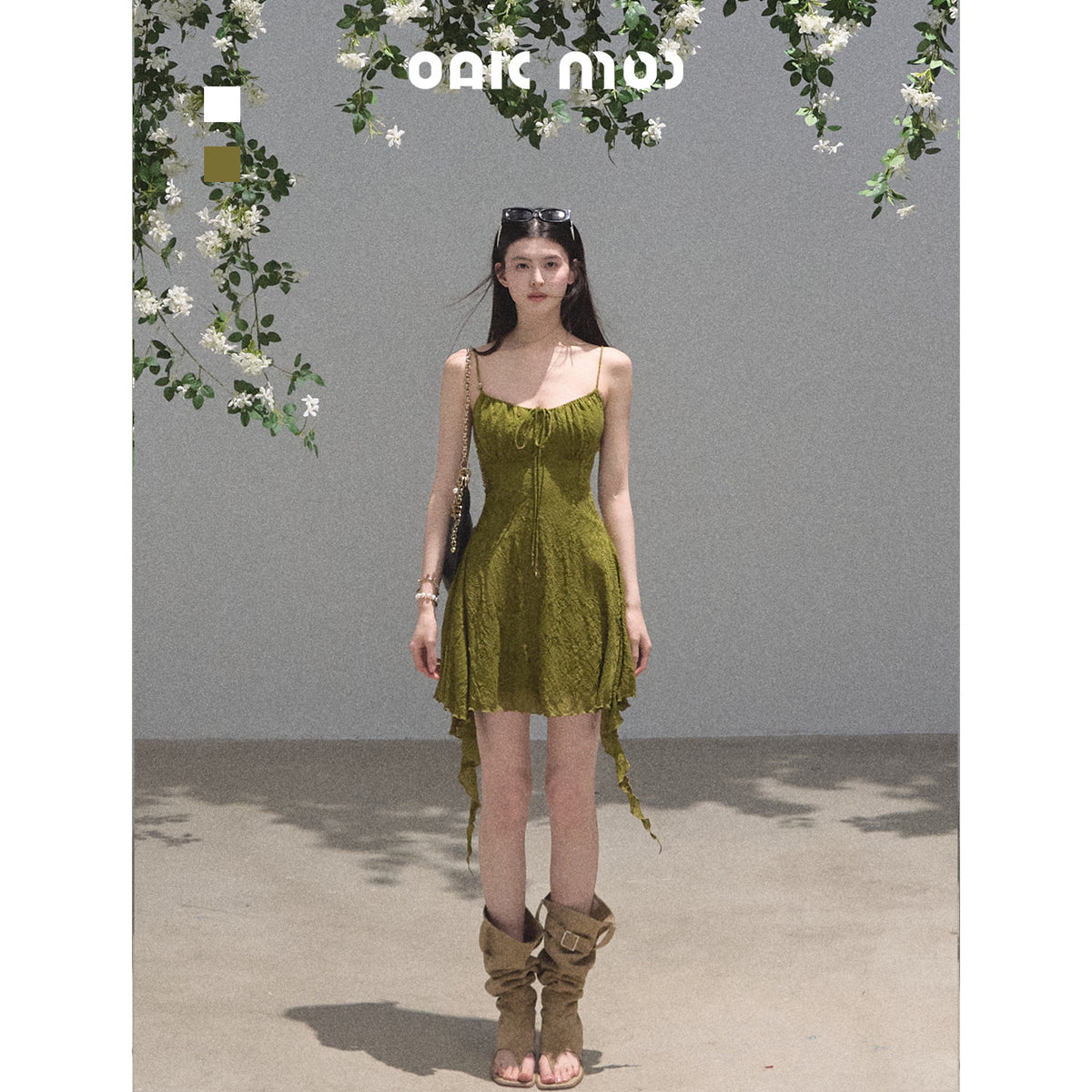 Oakmoo Jacquard Waist-Cinching Knit Camisole Dress
