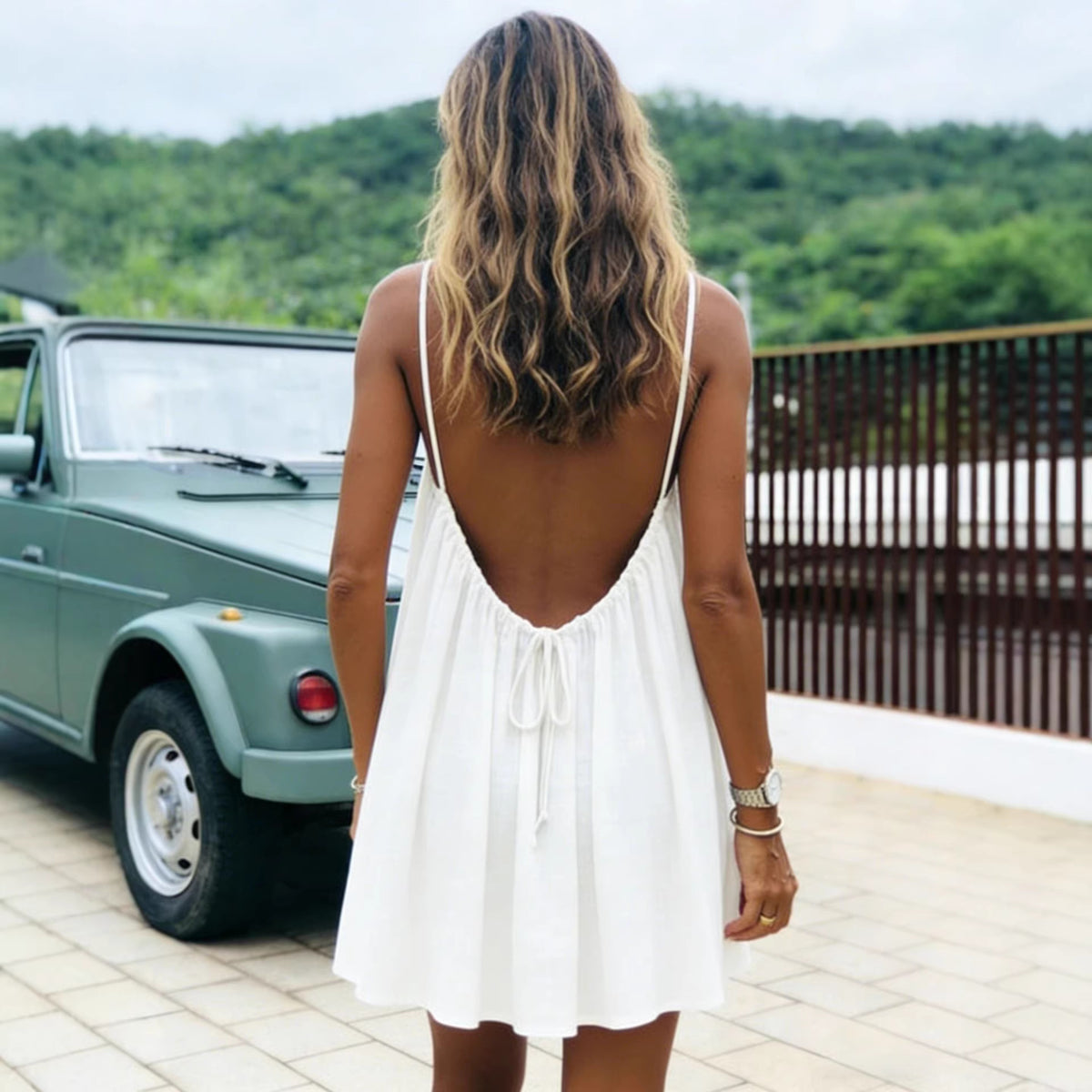 Womens Ice Silk Ruched Backless Short Dress