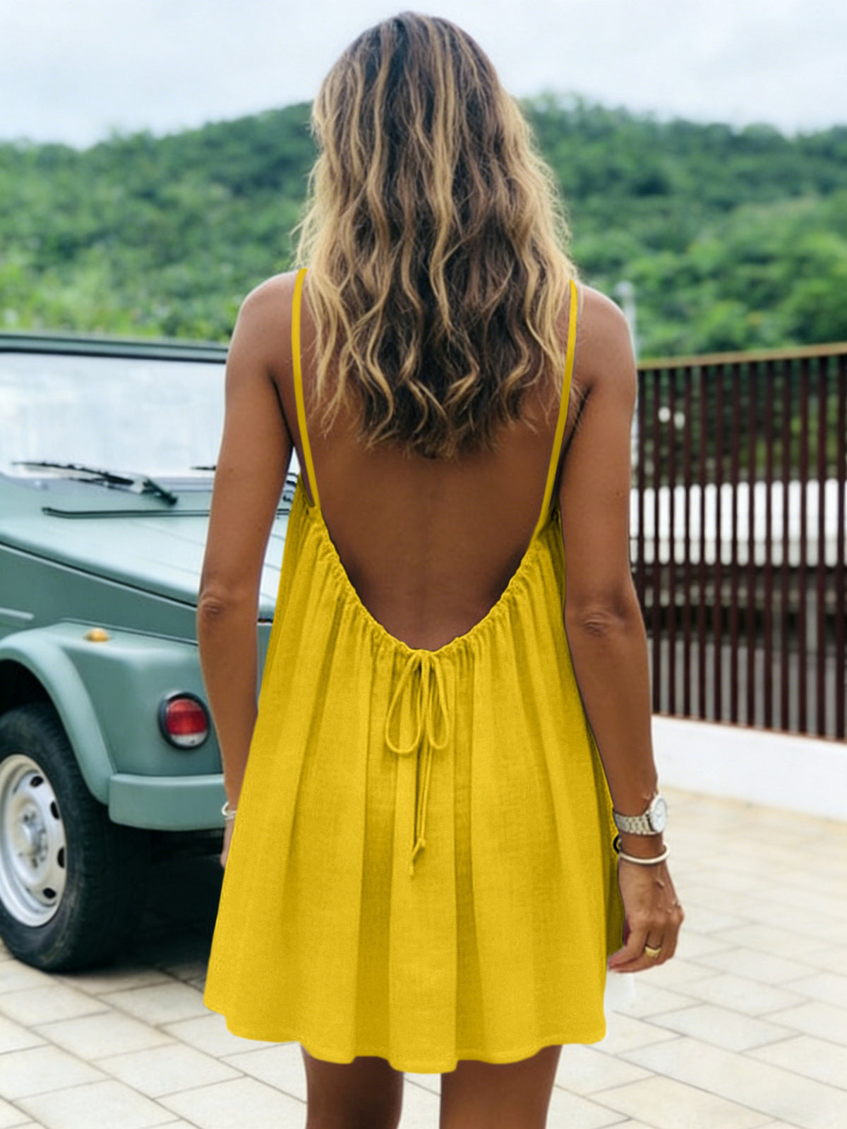 Womens Ice Silk Ruched Backless Short Dress