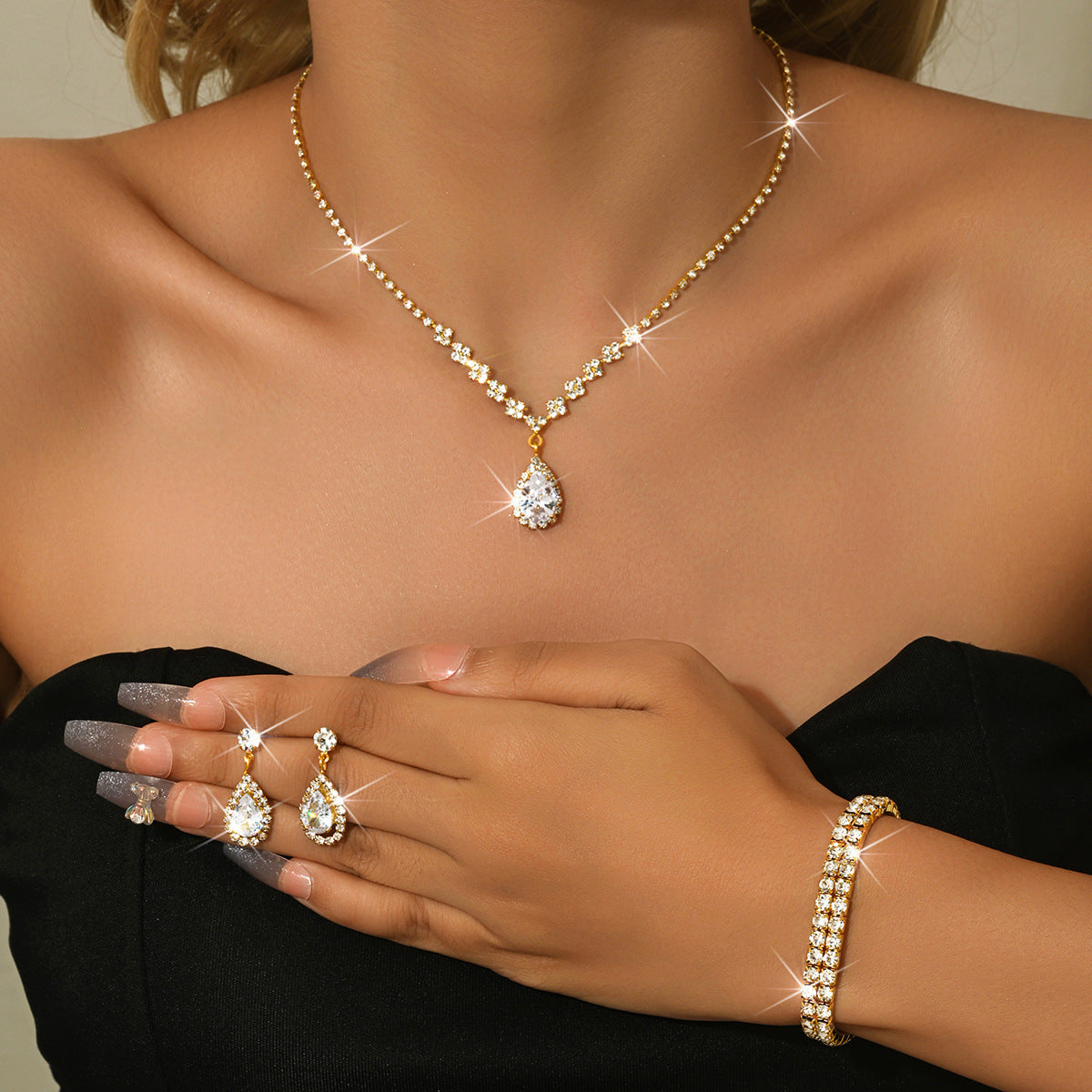 Minimalist Water-Drop Pendant Necklace, Earrings, Bracelet & Ring Set | Four-Piece Set