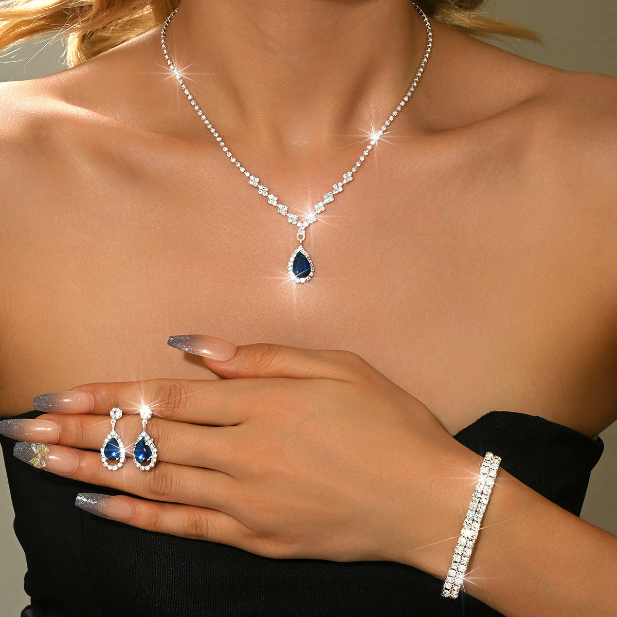 Minimalist Water-Drop Pendant Necklace, Earrings, Bracelet & Ring Set | Four-Piece Set