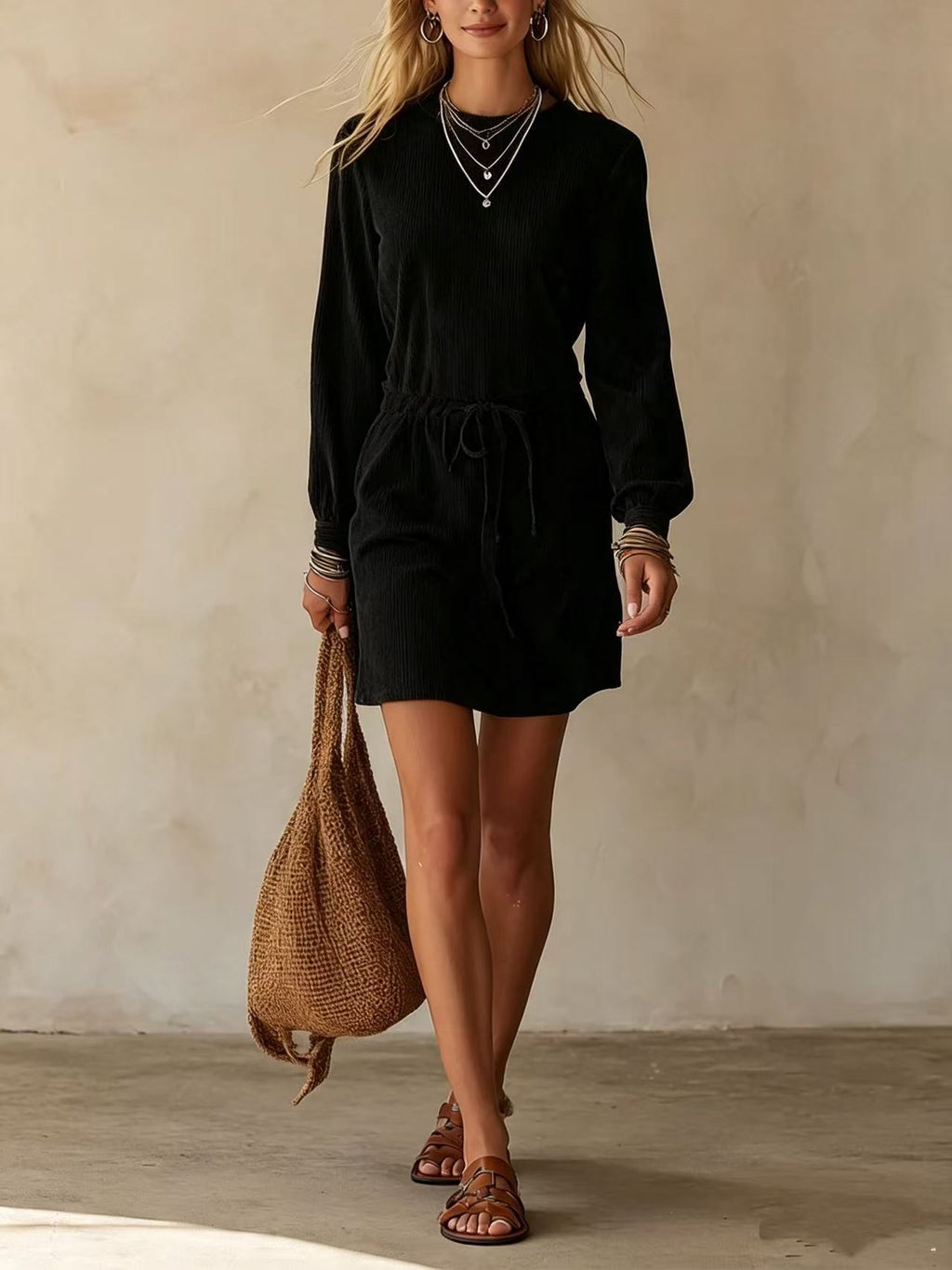 Womens Velvet Drawstring Waist A-Line Dress