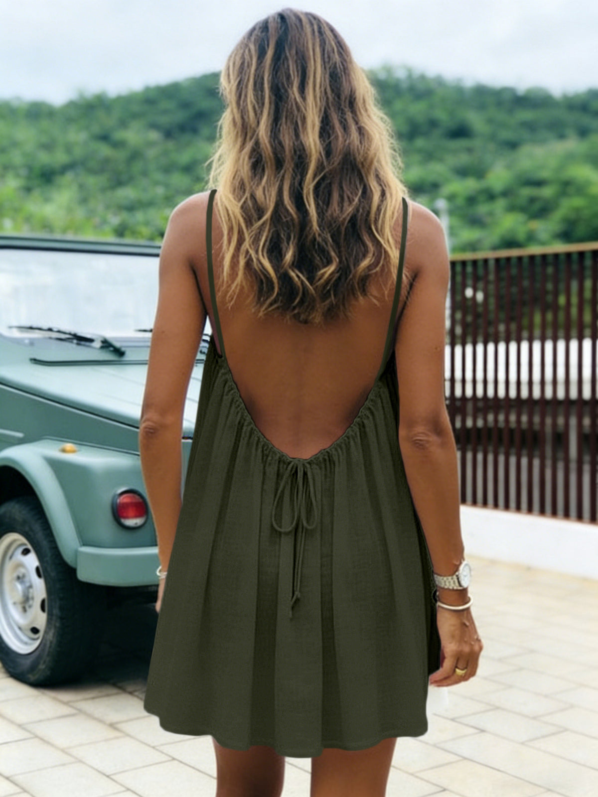 Womens Ice Silk Ruched Backless Short Dress