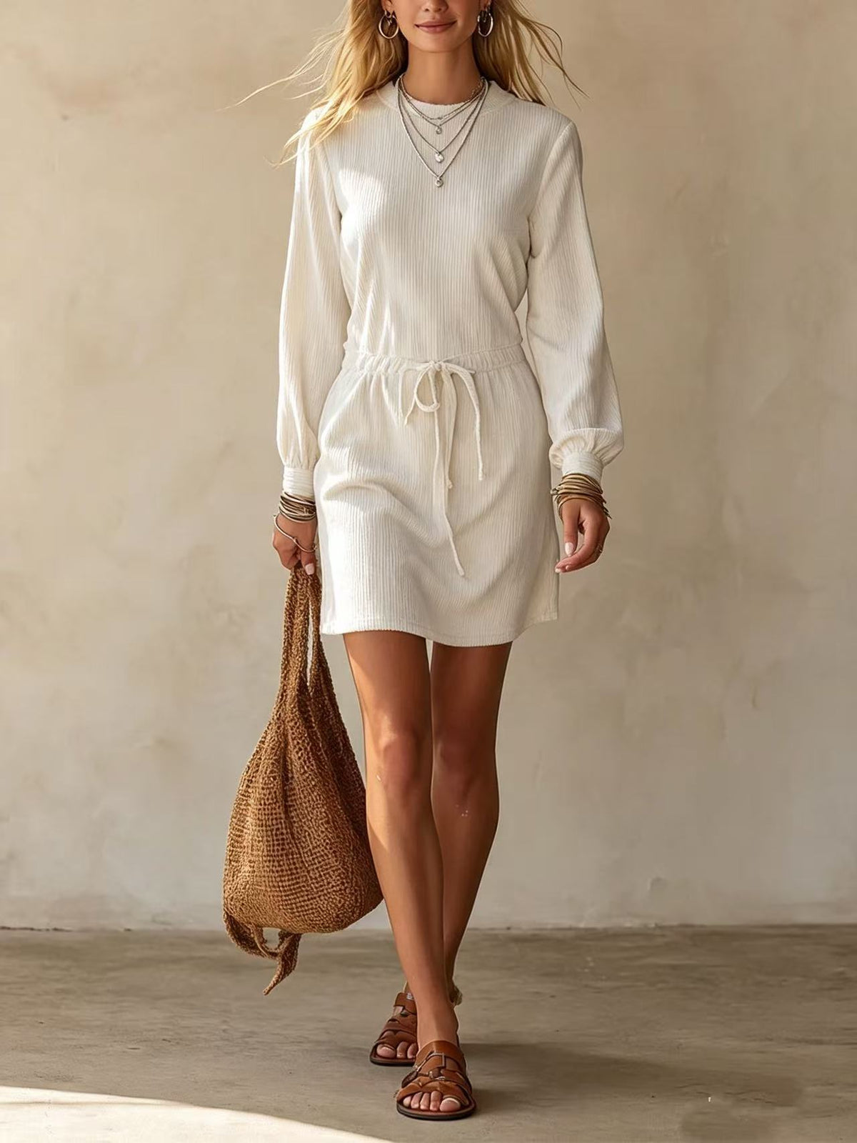 Womens Velvet Drawstring Waist A-Line Dress