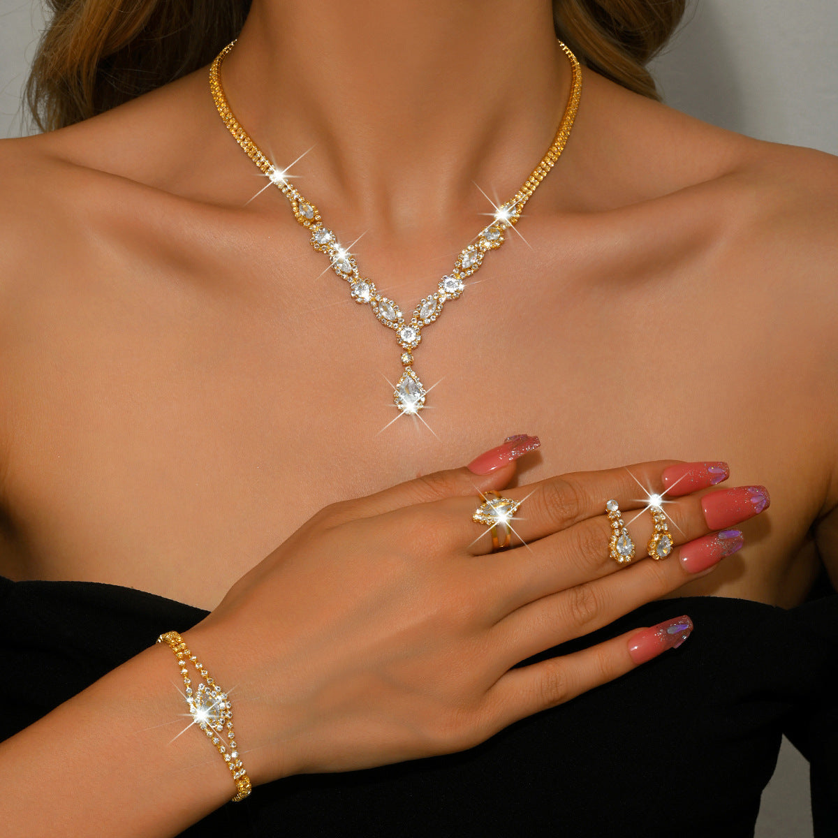 Womens Floral Water-Drop Necklace, Earrings & Bracelet Set | Three-Piece Set