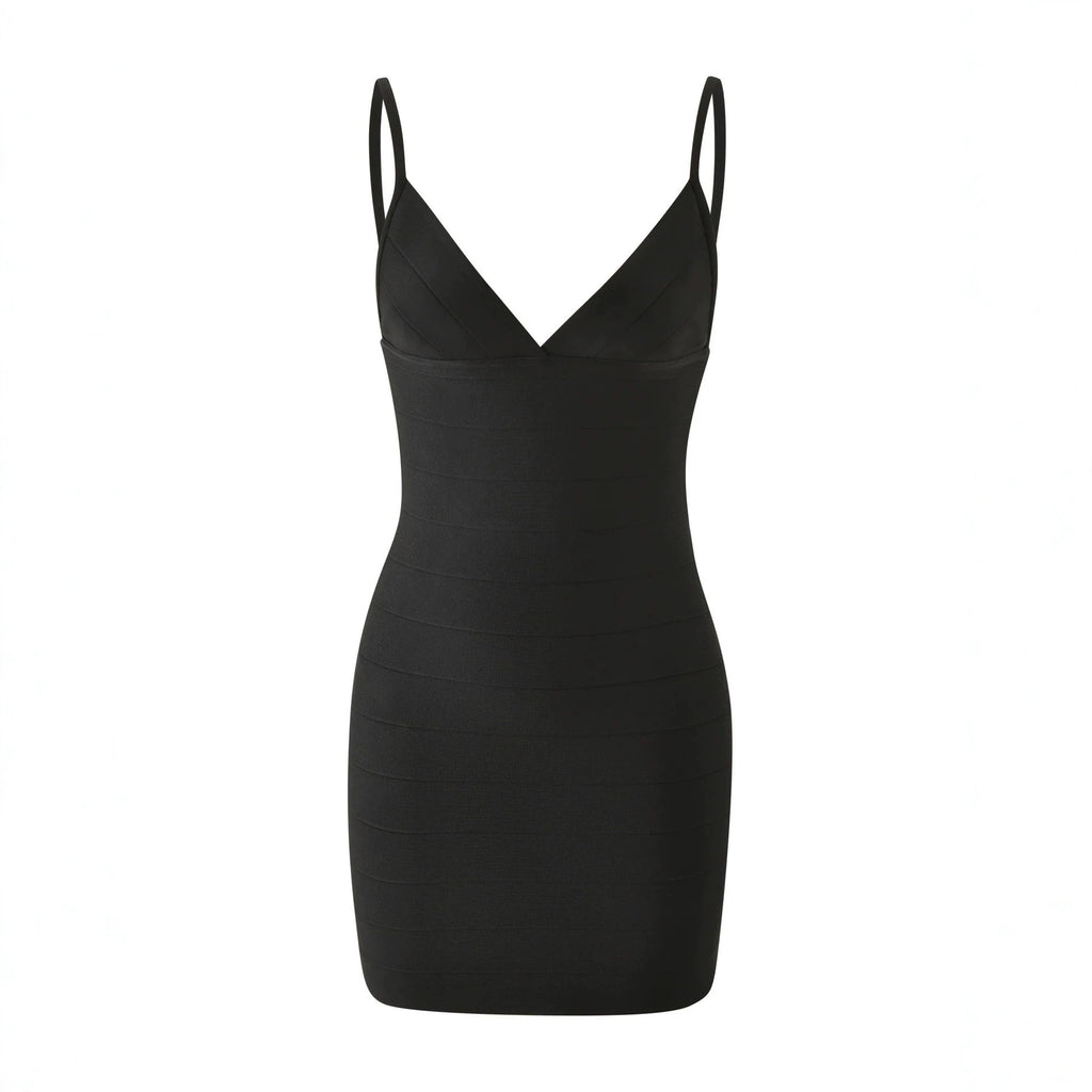 Womens Black V-Neck Spaghetti Strap Bodycon Mini Dress