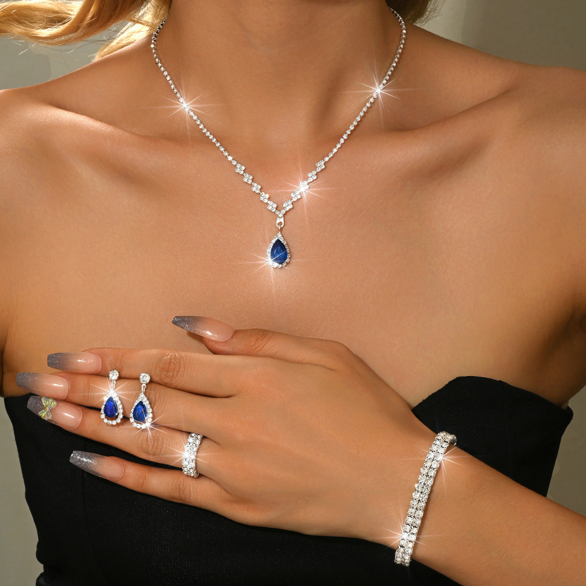 Minimalist Water-Drop Pendant Necklace, Earrings, Bracelet & Ring Set | Four-Piece Set