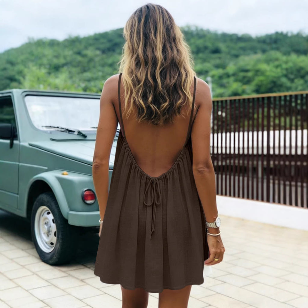 Womens Ice Silk Ruched Backless Short Dress