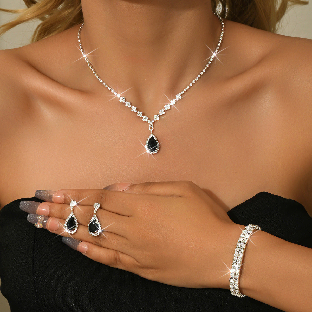 Minimalist Water-Drop Pendant Necklace, Earrings, Bracelet & Ring Set | Four-Piece Set