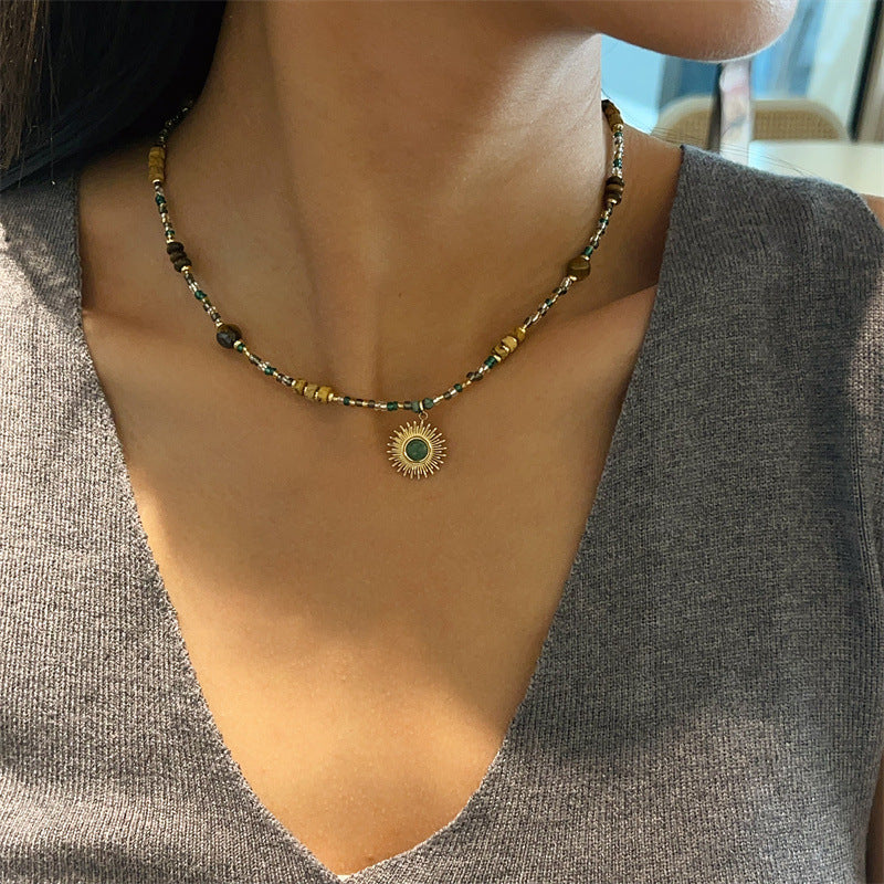 Turquoise Sun God Pendant Clavicle Chain Necklace