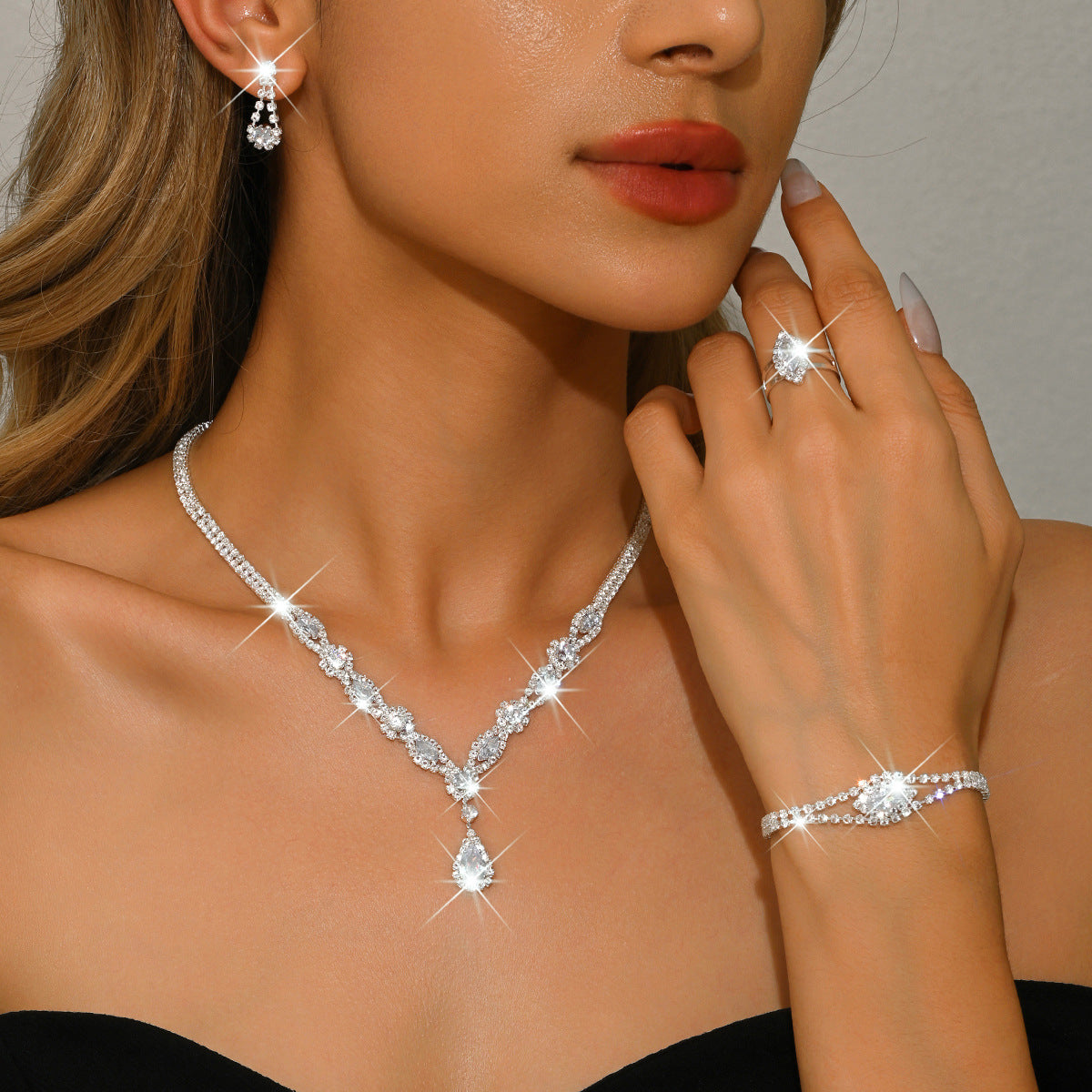 Womens Floral Water-Drop Necklace, Earrings & Bracelet Set | Three-Piece Set