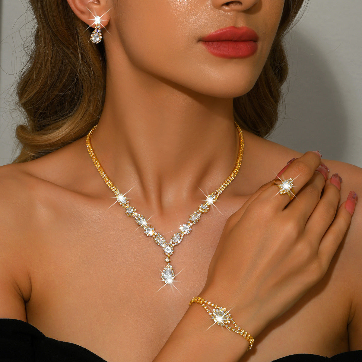 Womens Floral Water-Drop Necklace, Earrings & Bracelet Set | Three-Piece Set