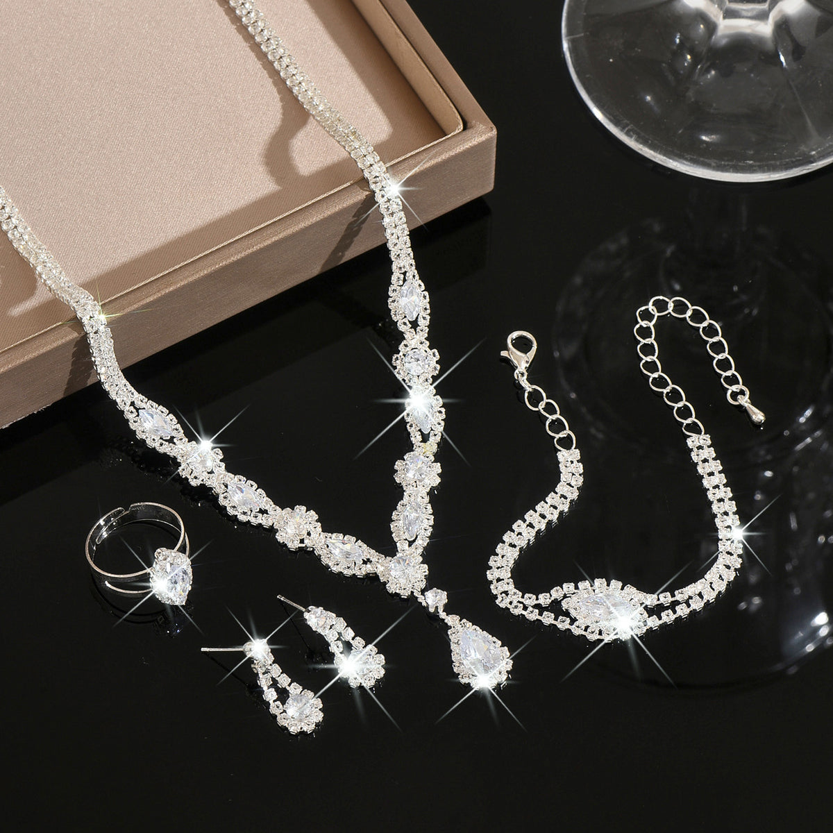 Womens Floral Water-Drop Necklace, Earrings & Bracelet Set | Three-Piece Set