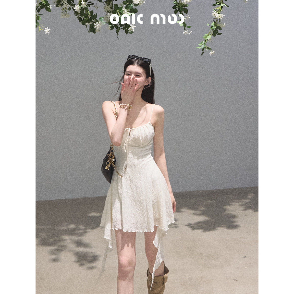 Oakmoo Jacquard Waist-Cinching Knit Camisole Dress