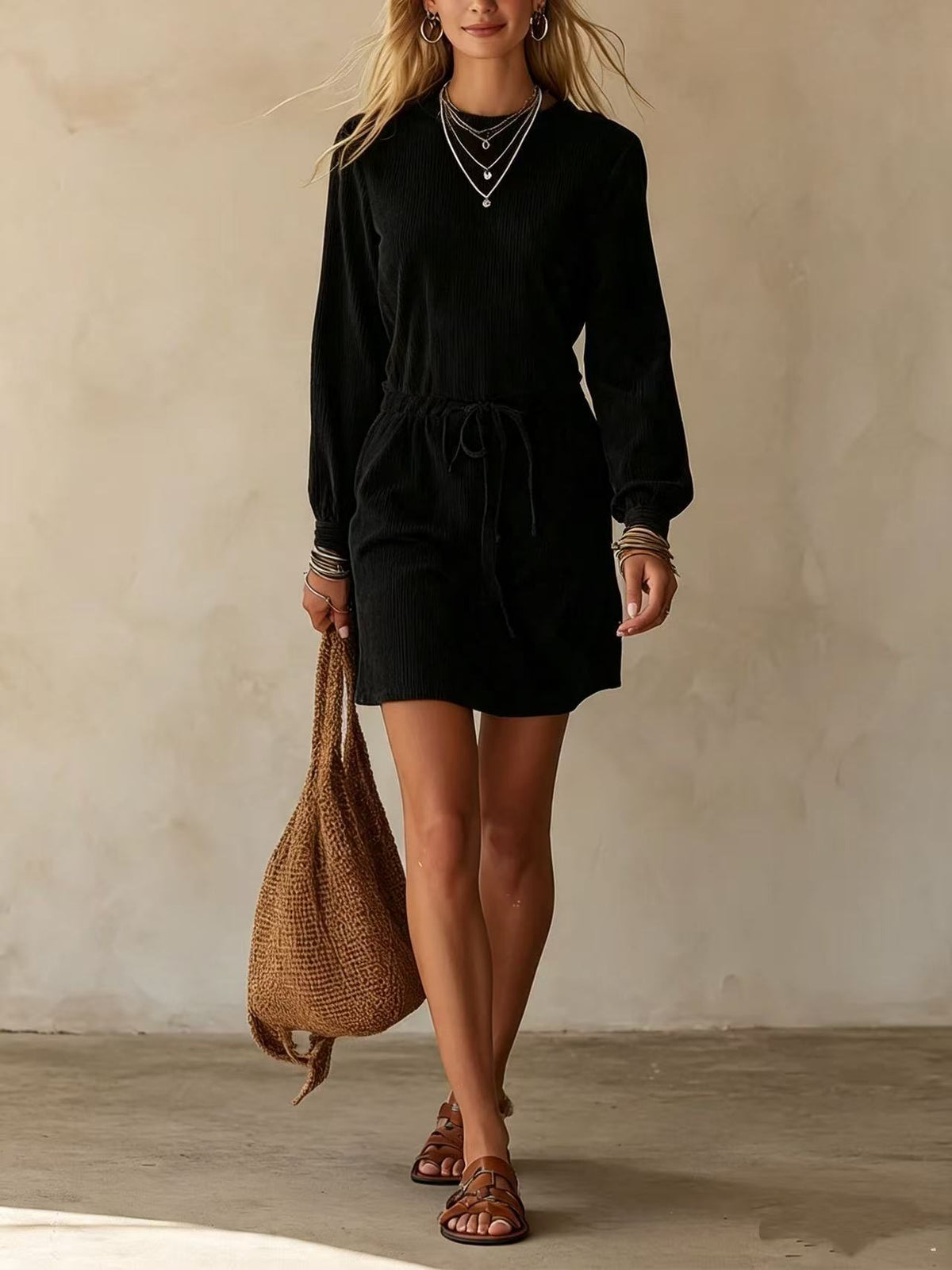 Womens Velvet Drawstring Waist A-Line Dress