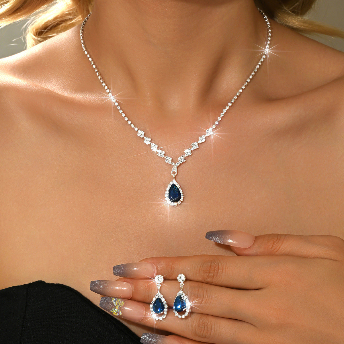 Minimalist Water-Drop Pendant Necklace, Earrings, Bracelet & Ring Set | Four-Piece Set
