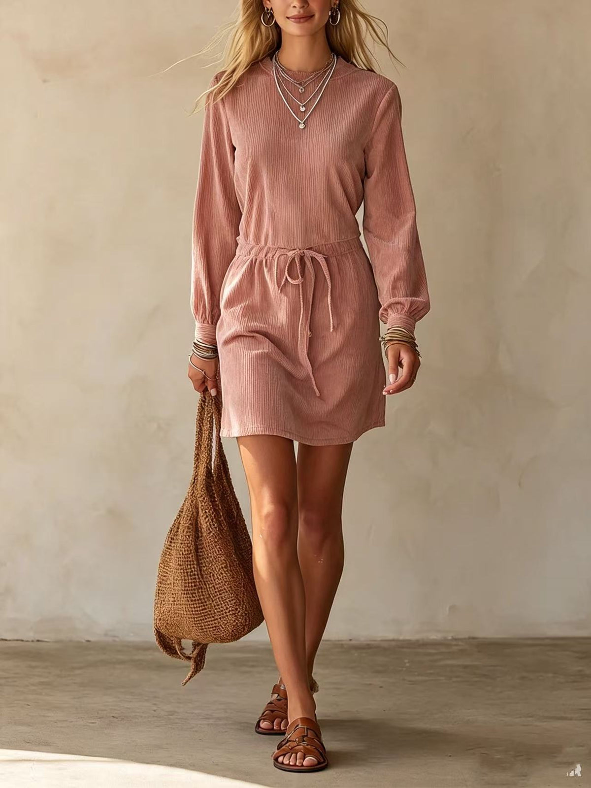 Womens Velvet Drawstring Waist A-Line Dress