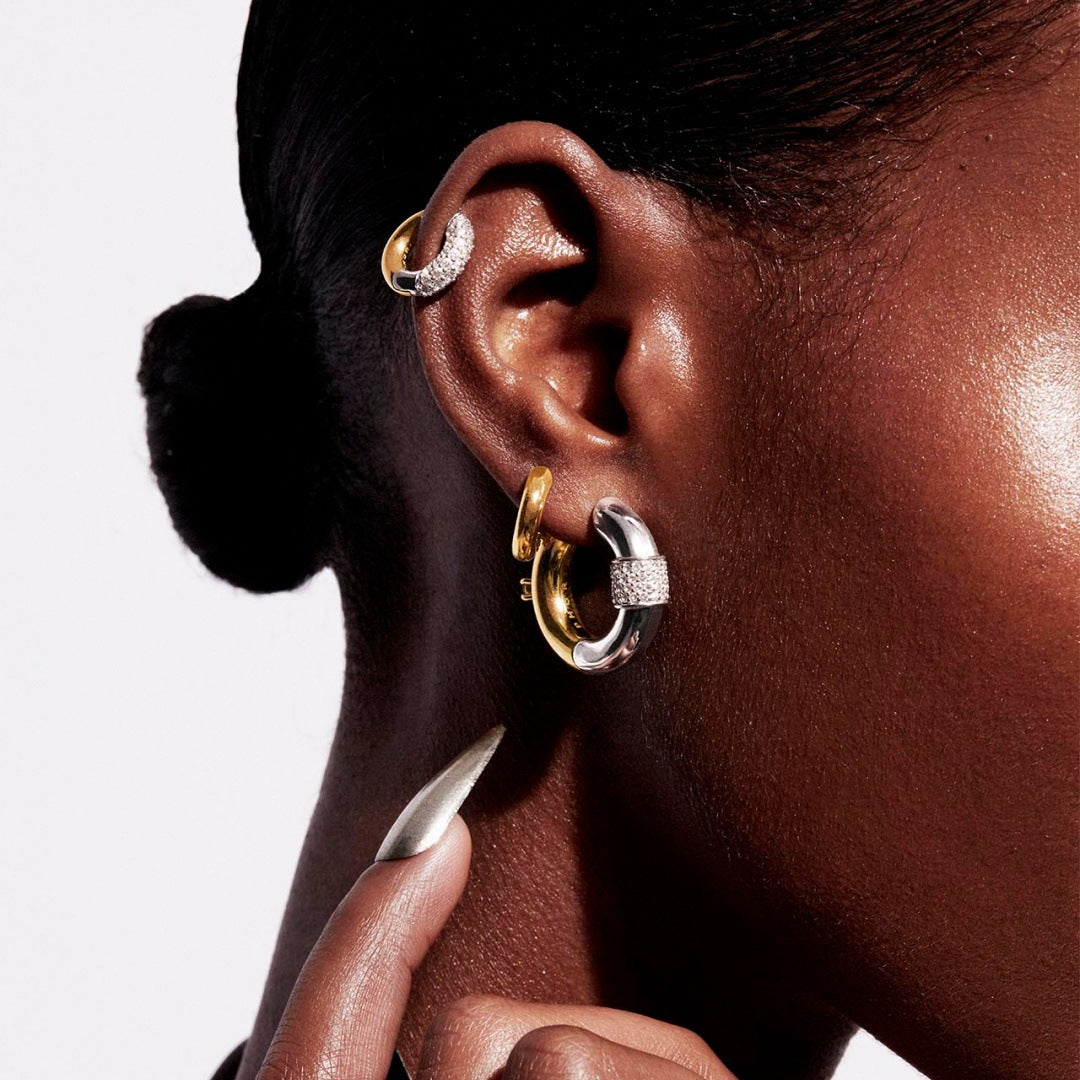 Two-Tone Ear Clips | Inlaid with Zircon, Gold and Silver