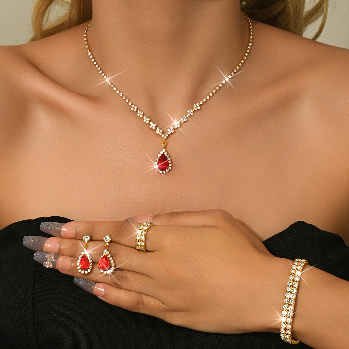 Minimalist Water-Drop Pendant Necklace, Earrings, Bracelet & Ring Set | Four-Piece Set