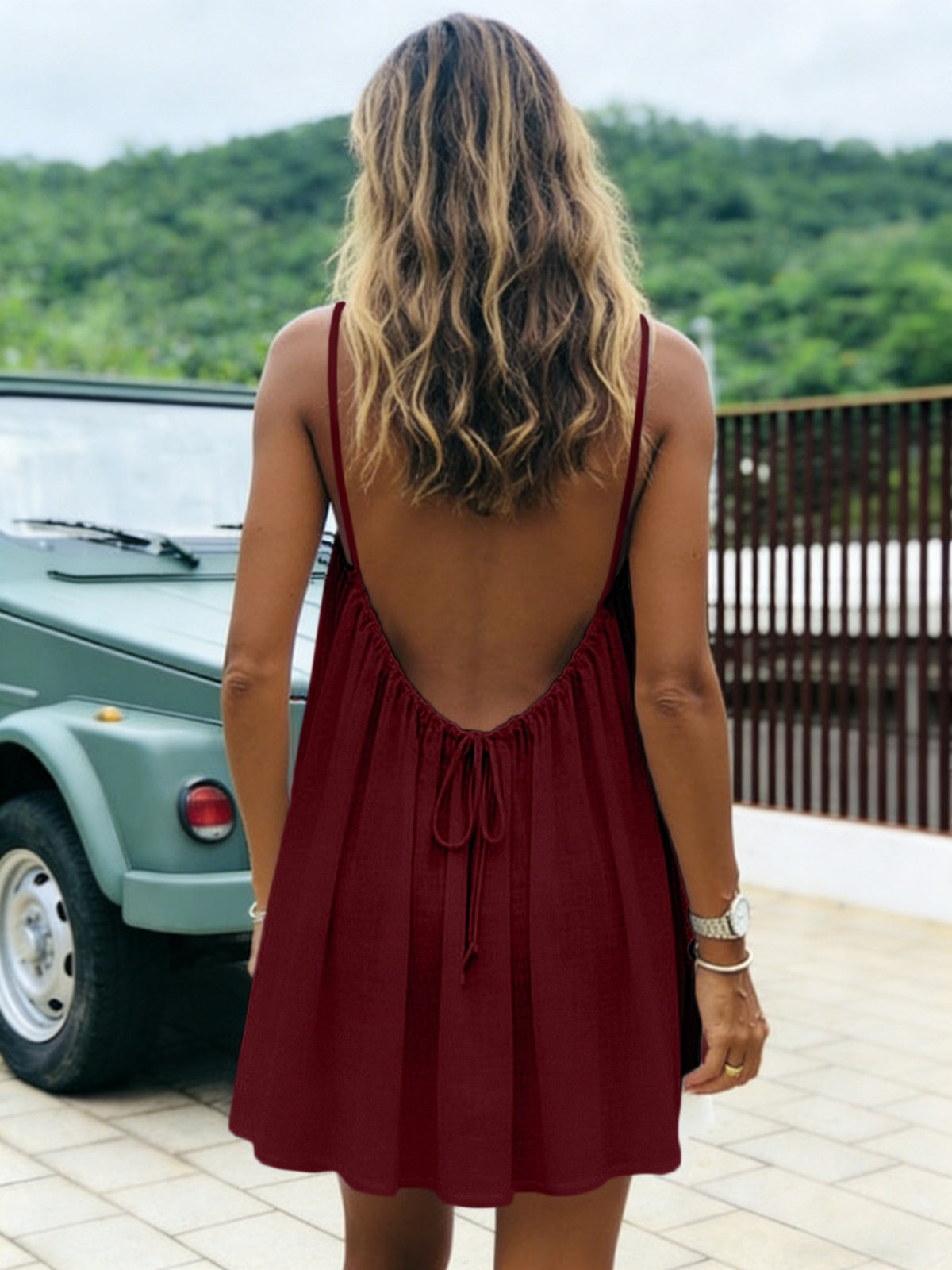 Womens Ice Silk Ruched Backless Short Dress