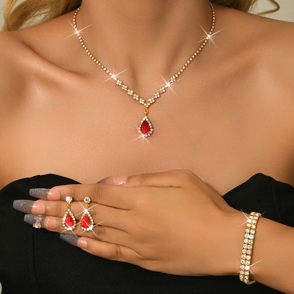 Minimalist Water-Drop Pendant Necklace, Earrings, Bracelet & Ring Set | Four-Piece Set