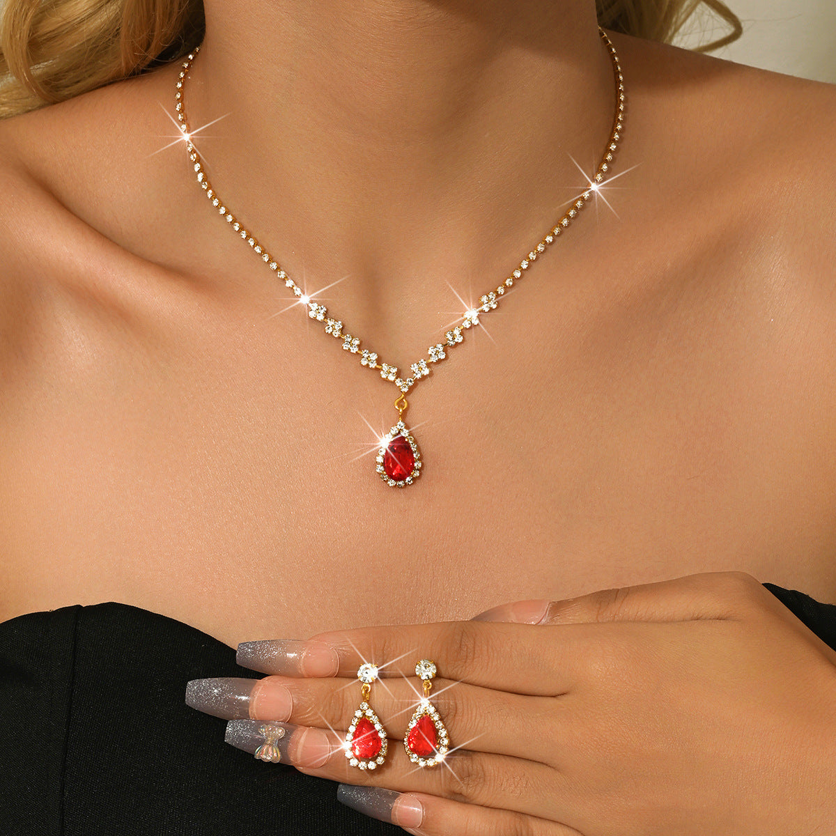 Minimalist Water-Drop Pendant Necklace, Earrings, Bracelet & Ring Set | Four-Piece Set