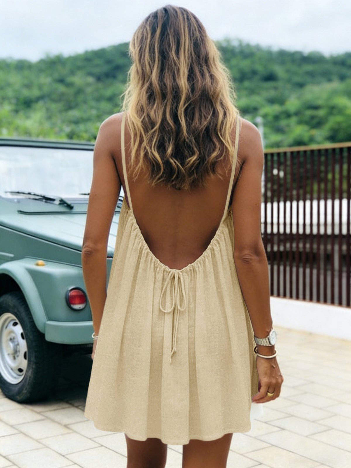 Womens Ice Silk Ruched Backless Short Dress