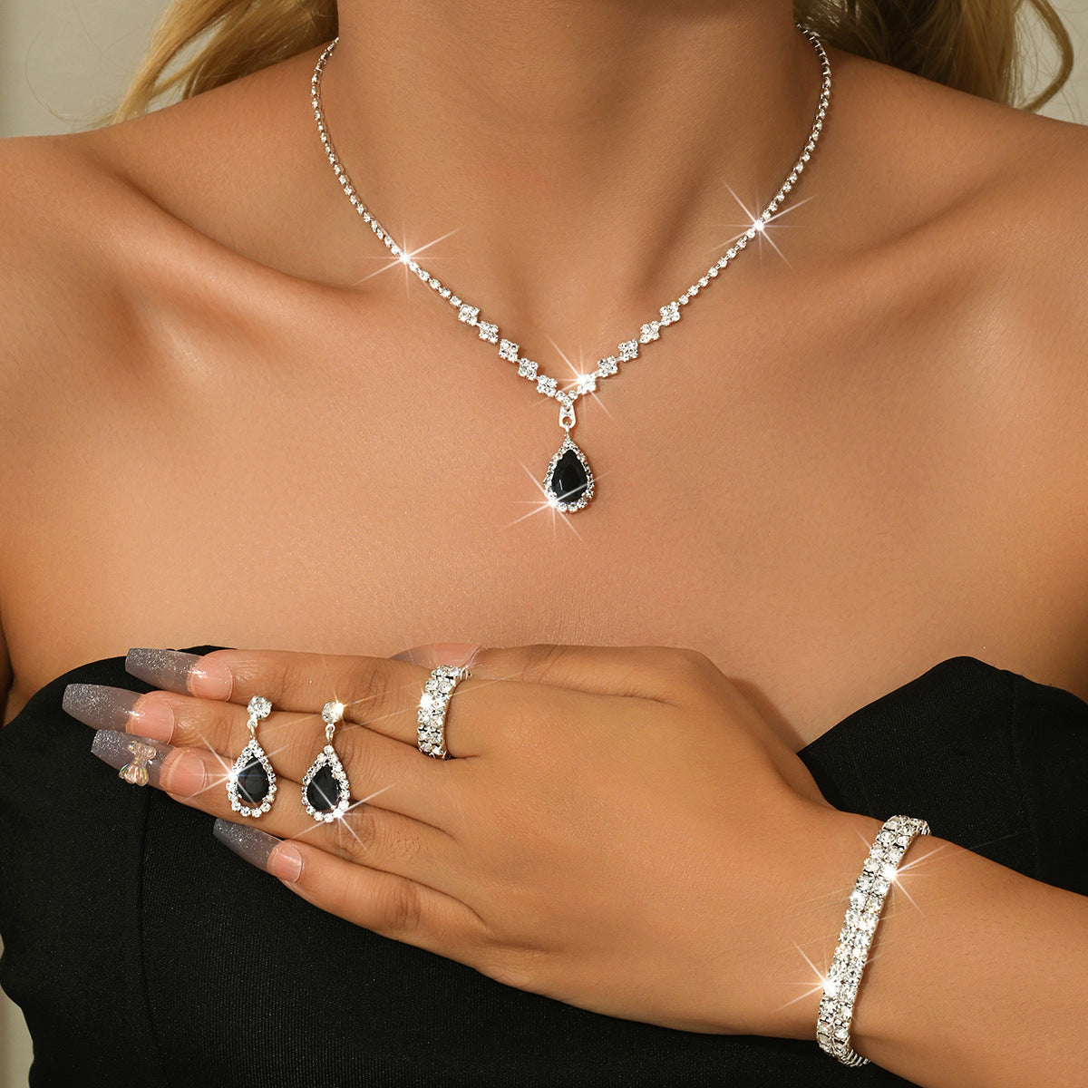 Minimalist Water-Drop Pendant Necklace, Earrings, Bracelet & Ring Set | Four-Piece Set