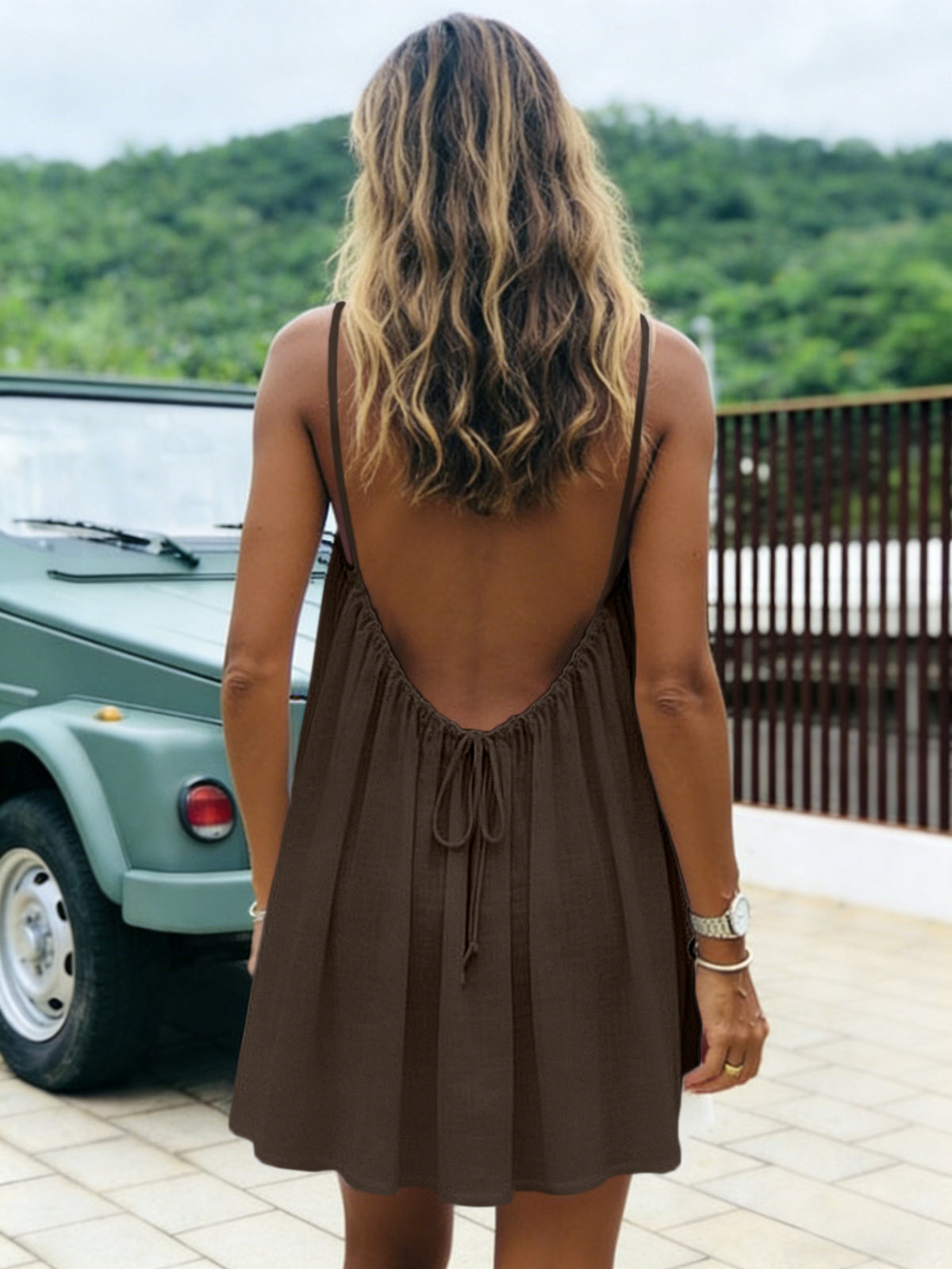 Womens Ice Silk Ruched Backless Short Dress