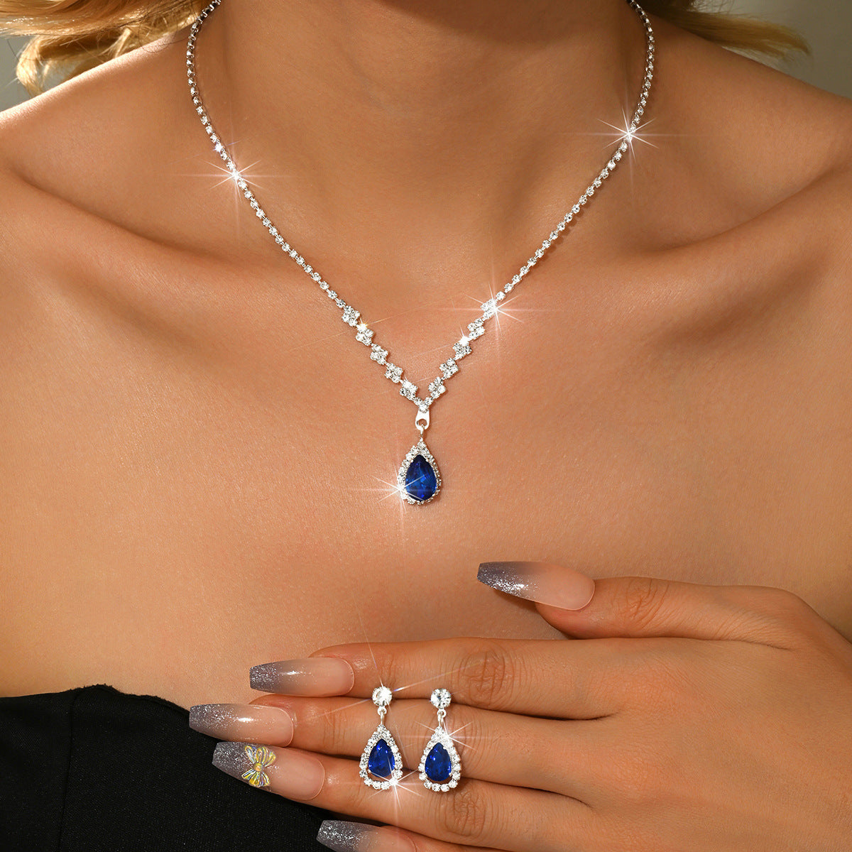 Minimalist Water-Drop Pendant Necklace, Earrings, Bracelet & Ring Set | Four-Piece Set