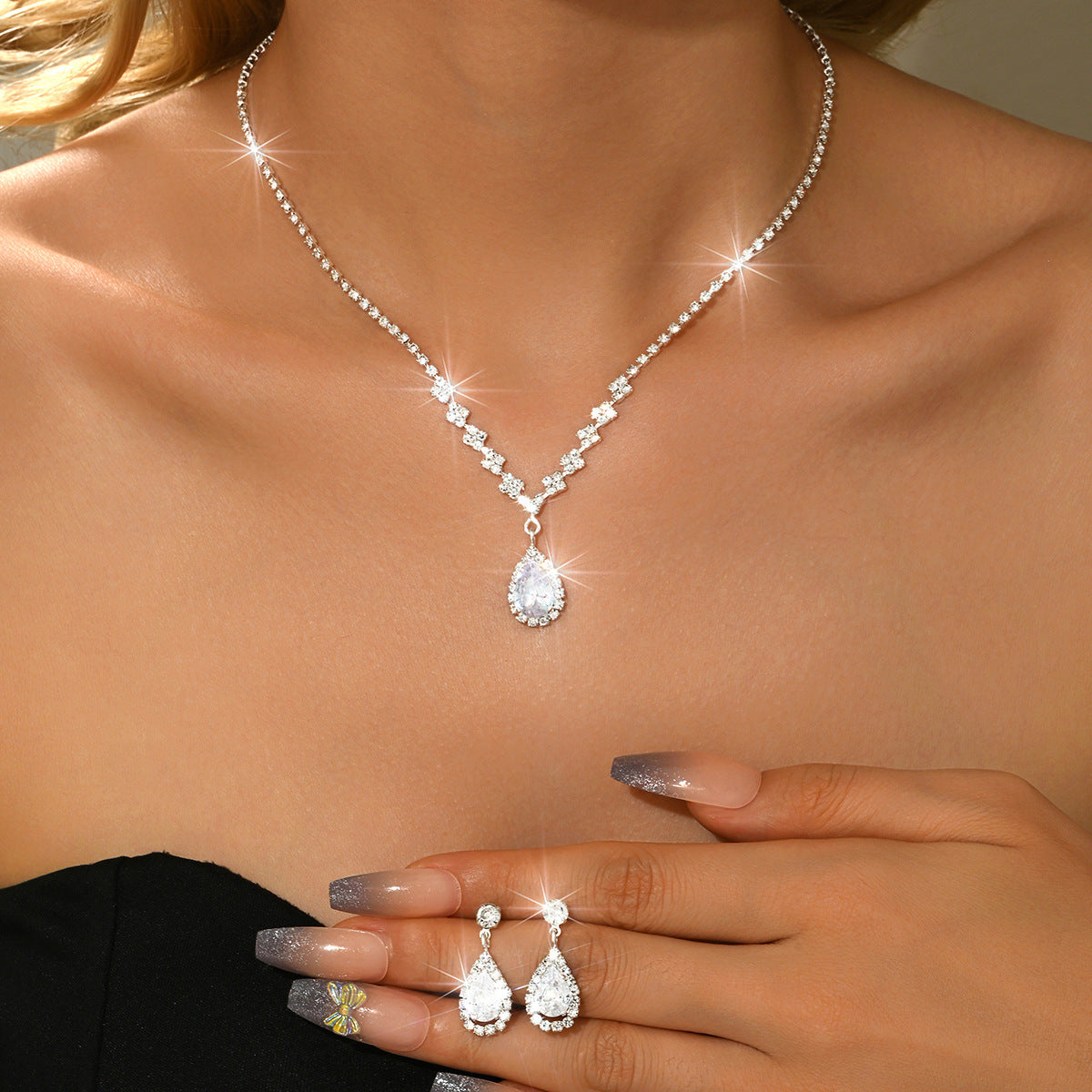 Minimalist Water-Drop Pendant Necklace, Earrings, Bracelet & Ring Set | Four-Piece Set