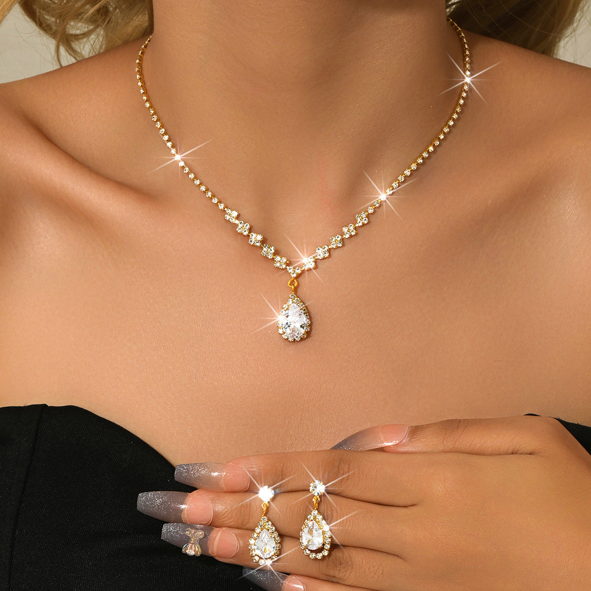 Minimalist Water-Drop Pendant Necklace, Earrings, Bracelet & Ring Set | Four-Piece Set