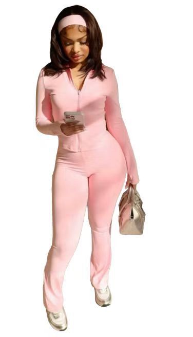 Womens Casual Zip-Up Top, Pants & Headband | Three-Piece Set