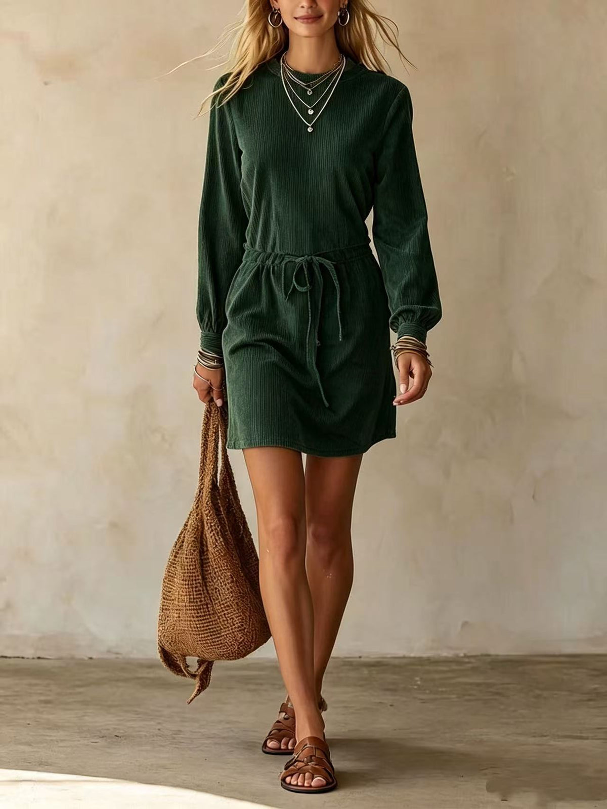 Womens Velvet Drawstring Waist A-Line Dress