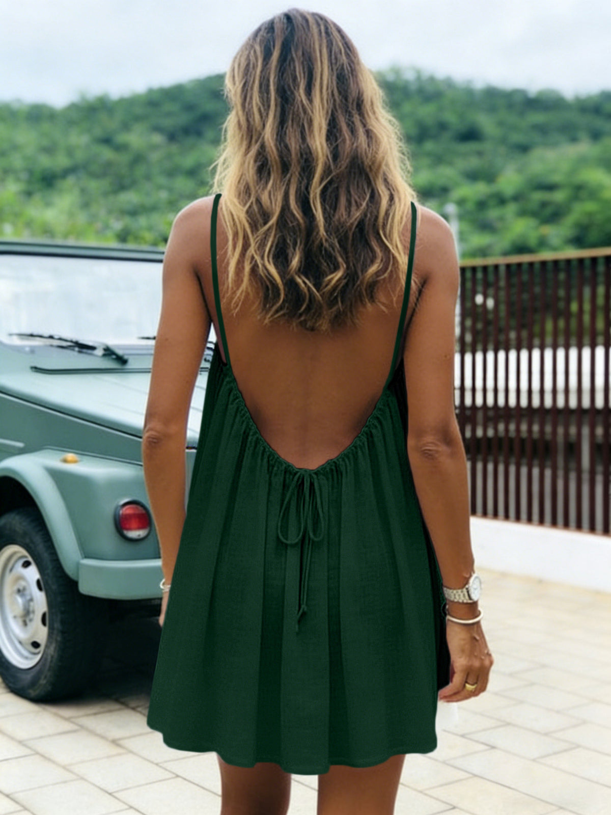 Womens Ice Silk Ruched Backless Short Dress