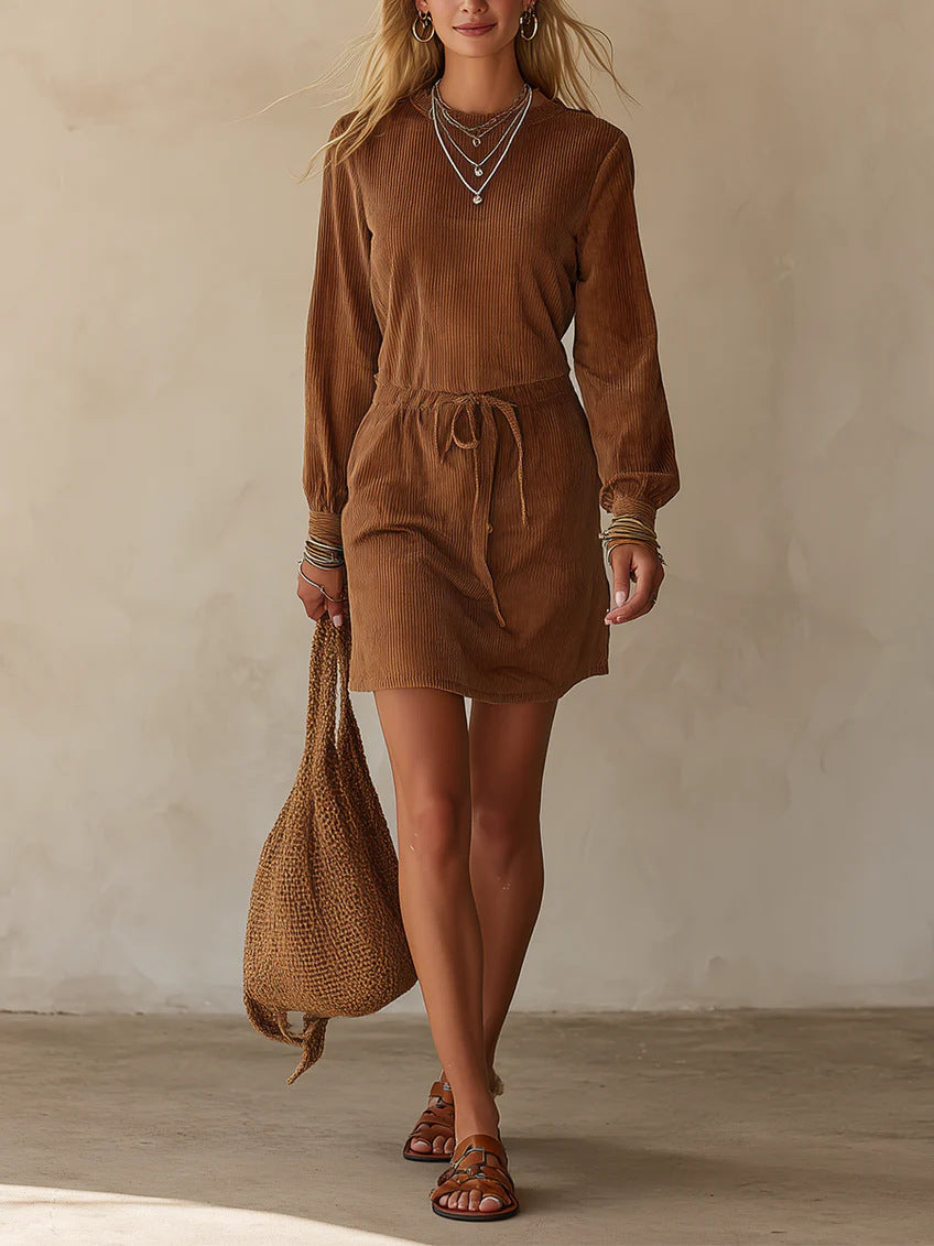 Womens Velvet Drawstring Waist A-Line Dress