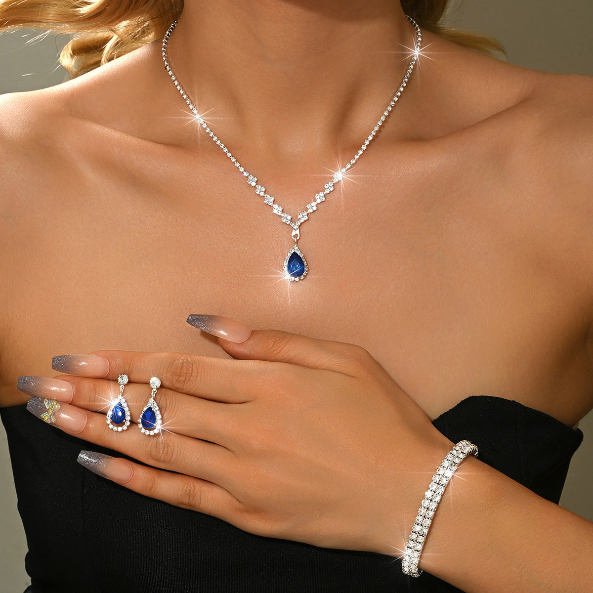 Minimalist Water-Drop Pendant Necklace, Earrings, Bracelet & Ring Set | Four-Piece Set