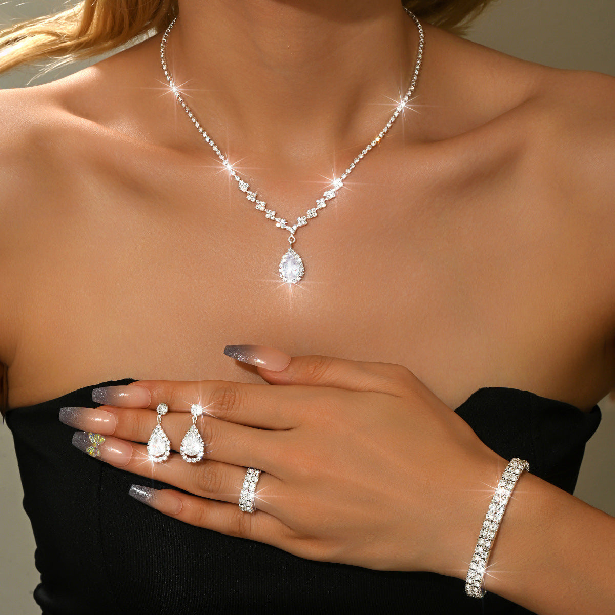 Minimalist Water-Drop Pendant Necklace, Earrings, Bracelet & Ring Set | Four-Piece Set