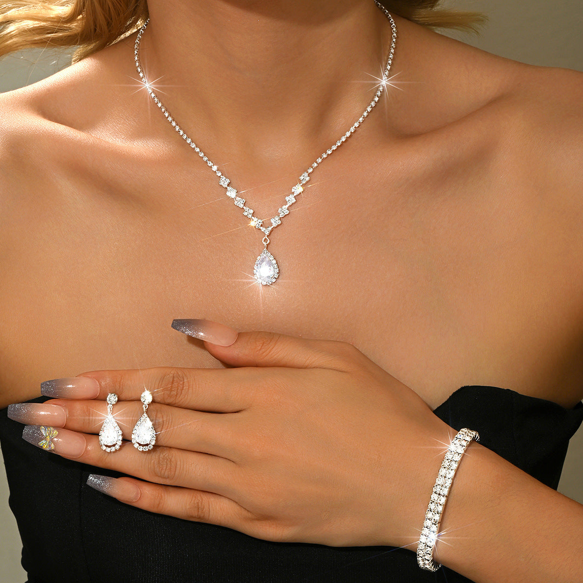 Minimalist Water-Drop Pendant Necklace, Earrings, Bracelet & Ring Set | Four-Piece Set
